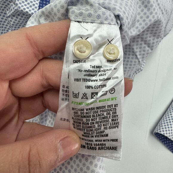 Ted Baker Shirt Mens Medium 15.5 32/33 Blue White Printed Button Down Endurance - Picture 6 of 13